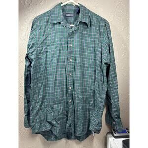 Lands' End Mens‎ Long Sleeve Shirt Green Blue Red Plaid Cotton Size Medium 16-35